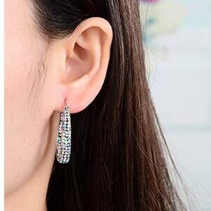 Crystal Silver Plated Inside Out Oval Shape Hoop Earrings for Women, 1.2 Inch